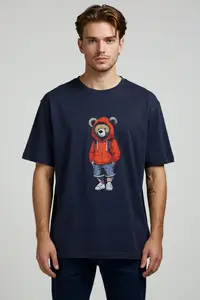 MAN Navy Blue Unisex Oversized/Wide Cut Teddy Bear Printed 100% Cotton T-Shirt - Image 3