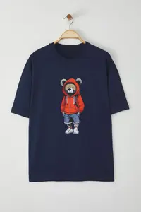 MAN Navy Blue Unisex Oversized/Wide Cut Teddy Bear Printed 100% Cotton T-Shirt - Image 5