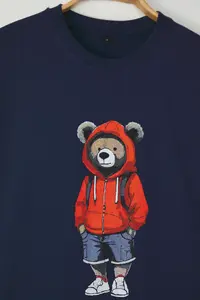 MAN Navy Blue Unisex Oversized/Wide Cut Teddy Bear Printed 100% Cotton T-Shirt - Image 6