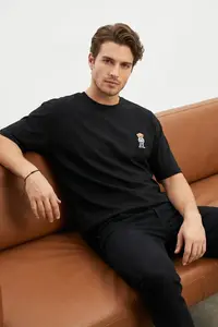 MAN Black Unisex Oversized/Wide Cut Teddy Bear Printed 100% Cotton T-Shirt - Image 2