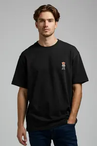 MAN Black Unisex Oversized/Wide Cut Teddy Bear Printed 100% Cotton T-Shirt - Image 3