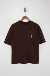 MAN Dark Brown Unisex Oversized/Wide Cut Teddy Bear Printed 100% Cotton T-Shirt