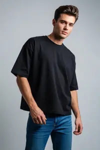 MAN Black Loose/Drop Shoulder 100% Cotton Basic T-Shirt - Image 2