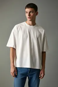 MAN Ecru Loose/Drop Shoulder 100% Cotton Basic T-Shirt - Image 3