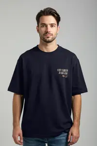 MAN Navy Blue Oversized/Wide Cut Ethnic Embroidered T-Shirt