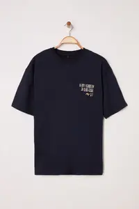 MAN Navy Blue Oversized/Wide Cut Ethnic Embroidered T-Shirt - Image 2