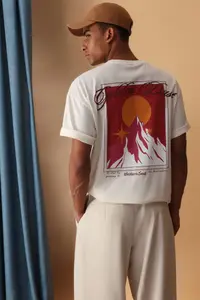 MAN Ecru Oversized/Wide Cut Mountain Back Printed 100% Cotton T-Shirt - Image 2