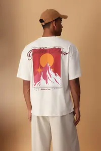 MAN Ecru Oversized/Wide Cut Mountain Back Printed 100% Cotton T-Shirt - Image 4