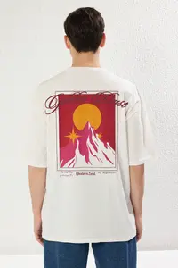 MAN Ecru Oversized/Wide Cut Mountain Back Printed 100% Cotton T-Shirt - Image 5
