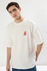 MAN Ecru Oversized/Wide Cut Mountain Back Printed 100% Cotton T-Shirt - Image 6