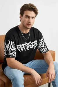 MAN Black Oversized Printed 100% Cotton T-Shirt