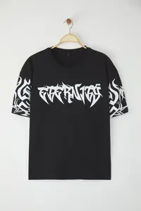 MAN Black Oversized Printed 100% Cotton T-Shirt - Image 4