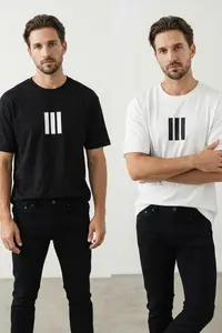 MAN Ecru-Black Oversized/Wide Cut 2 Sets Package Stripe Printed 100% Cotton T-Shirt