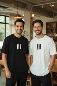 MAN Ecru-Black Oversized/Wide Cut 2 Sets Package Stripe Printed 100% Cotton T-Shirt - Image 2
