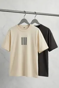 MAN Anthracite-Stone Oversized/Wide Cut 2 Sets Package Stripe Printed 100% Cotton T-Shirt