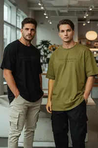 MAN Khaki-Black Oversized/Wide Cut 2 Sets Package Text Printed 100% Cotton T-Shirt