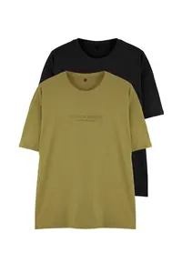 MAN Khaki-Black Oversized/Wide Cut 2 Sets Package Text Printed 100% Cotton T-Shirt - Image 2
