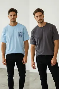 MAN Mavi-Anthracite Oversized/Wide Cut 2 Sets Pack Printed-Plain 100% Cotton T-Shirt