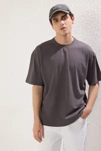 MAN Mavi-Anthracite Oversized/Wide Cut 2 Sets Pack Printed-Plain 100% Cotton T-Shirt - Image 10
