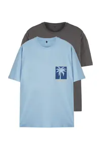 MAN Mavi-Anthracite Oversized/Wide Cut 2 Sets Pack Printed-Plain 100% Cotton T-Shirt - Image 12