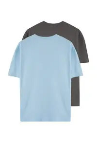 MAN Mavi-Anthracite Oversized/Wide Cut 2 Sets Pack Printed-Plain 100% Cotton T-Shirt - Image 13