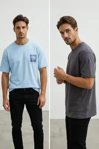 MAN Mavi-Anthracite Oversized/Wide Cut 2 Sets Pack Printed-Plain 100% Cotton T-Shirt - Image 2