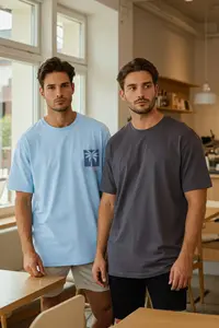 MAN Mavi-Anthracite Oversized/Wide Cut 2 Sets Pack Printed-Plain 100% Cotton T-Shirt - Image 3