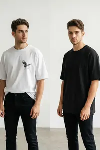 MAN White-Black Oversized/Wide Cut 2 Sets Pack Kartal Print-Plain 100% Cotton T-Shirt