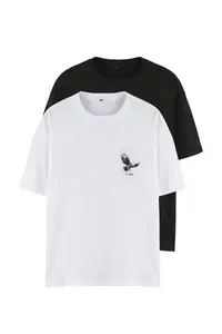 MAN White-Black Oversized/Wide Cut 2 Sets Pack Kartal Print-Plain 100% Cotton T-Shirt - Image 12