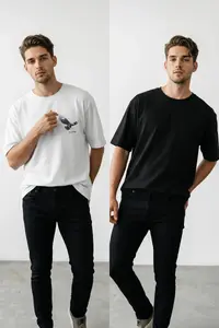 MAN White-Black Oversized/Wide Cut 2 Sets Pack Kartal Print-Plain 100% Cotton T-Shirt - Image 2
