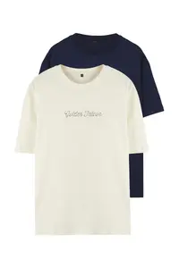 MAN Navy Blue-Beige Oversized/Wide Cut 2 Sets Package Text Printed-Plain 100% Cotton T-Shirt - Image 13