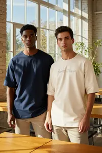 MAN Navy Blue-Beige Oversized/Wide Cut 2 Sets Package Text Printed-Plain 100% Cotton T-Shirt - Image 2