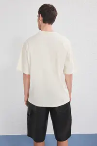 MAN Navy Blue-Beige Oversized/Wide Cut 2 Sets Package Text Printed-Plain 100% Cotton T-Shirt - Image 4