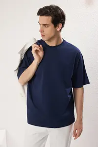 MAN Navy Blue-Beige Oversized/Wide Cut 2 Sets Package Text Printed-Plain 100% Cotton T-Shirt - Image 5