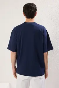 MAN Navy Blue-Beige Oversized/Wide Cut 2 Sets Package Text Printed-Plain 100% Cotton T-Shirt - Image 6