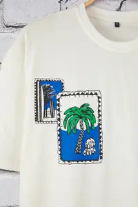 MAN Ecru Oversized/Wide Cut Tropical Printed 100% Cotton T-Shirt - Image 3