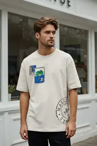 MAN Ecru Oversized/Wide Cut Tropical Printed 100% Cotton T-Shirt - Image 5