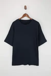 MAN Navy Blue Low Shoulder Regular Fit textured T-Shirt