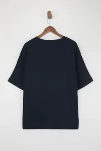 MAN Navy Blue Low Shoulder Regular Fit textured T-Shirt - Image 3