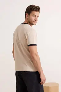MAN Beige Regular/Normal Cut Contrast Collar and Sleeve Detailed Pique textured T-Shirt