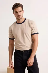 MAN Beige Regular/Normal Cut Contrast Collar and Sleeve Detailed Pique textured T-Shirt - Image 2