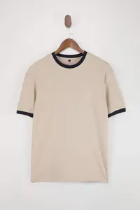 MAN Beige Regular/Normal Cut Contrast Collar and Sleeve Detailed Pique textured T-Shirt - Image 3