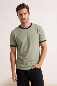MAN Green Regular/Normal Cut Contrast Collar and Sleeve Detailed Pique textured T-Shirt