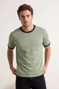 MAN Green Regular/Normal Cut Contrast Collar and Sleeve Detailed Pique textured T-Shirt - Image 2