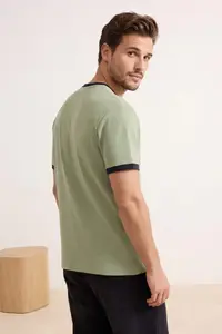 MAN Green Regular/Normal Cut Contrast Collar and Sleeve Detailed Pique textured T-Shirt - Image 3