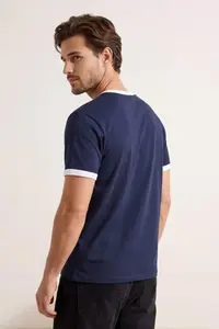 MAN Navy Blue Regular Cut Contrast Collar and Sleeve Detailed Pique textured T-Shirt
