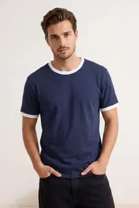 MAN Navy Blue Regular Cut Contrast Collar and Sleeve Detailed Pique textured T-Shirt - Image 2
