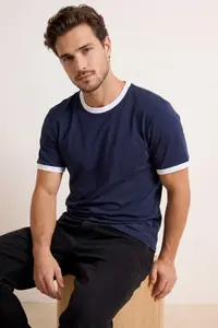 MAN Navy Blue Regular Cut Contrast Collar and Sleeve Detailed Pique textured T-Shirt - Image 3