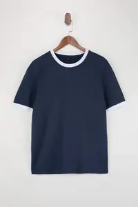 MAN Navy Blue Regular Cut Contrast Collar and Sleeve Detailed Pique textured T-Shirt - Image 4