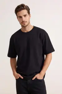 MAN Black Wardrobe Essentials Low Shoulder Regular Fit Basic T-Shirt - Image 2